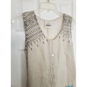 Masala Linen Embroidered Lagenlook Top Beige Blue SharkBite Hem Boho Small